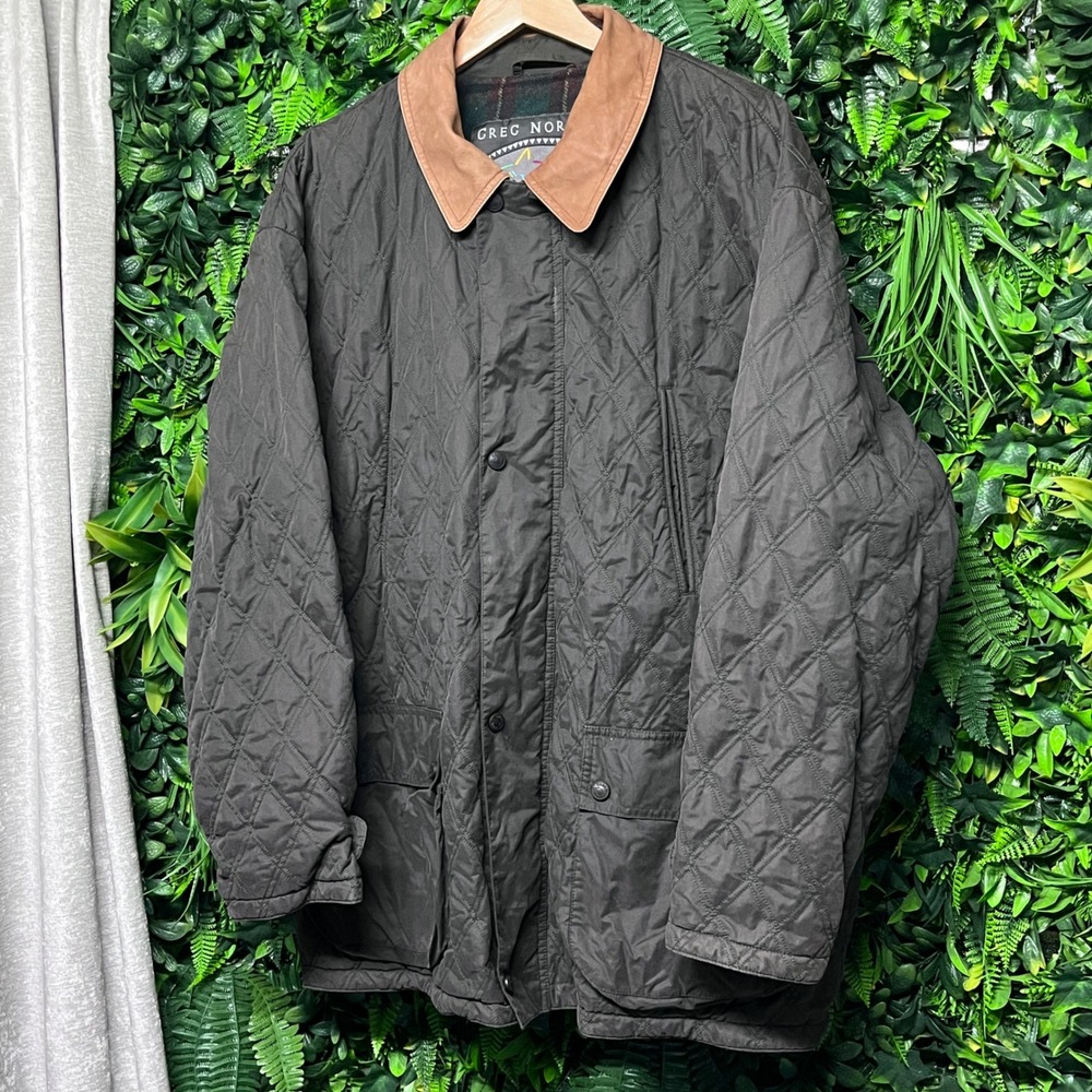 VTG‎ Greg Norman Jacket XL Green Quilted Flannel Lined Barn Brown Leather Collar